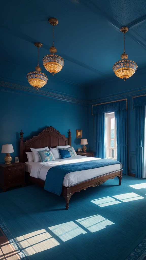 (masterpiece,Highest quality:8K) there is a bed with a blue comforter and a bowl of oranges, a photorealistic painting inspired by Riad Beyrouti, trending on unsplash, maximalism, magical colors and atmosphere, magical colours and atmosphere, blue themed, dreamy and detailed, very magical and dreamy, blue walls, blue theme, blue hue, blue room, beautiful and aesthetic