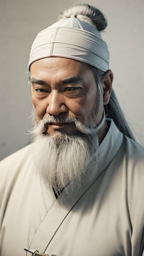 Oriental、Old man in plain white ancient Chinese costume、Ancient Chinese hairstyle old man、Highest quality、masterpiece、Ultra-high resolution、(Realistic:1.4)、Game Poster、Crisp and beautiful image quality、Gray Hair、white and long beard,,、Embroidered cloth wrapped around a topknot、