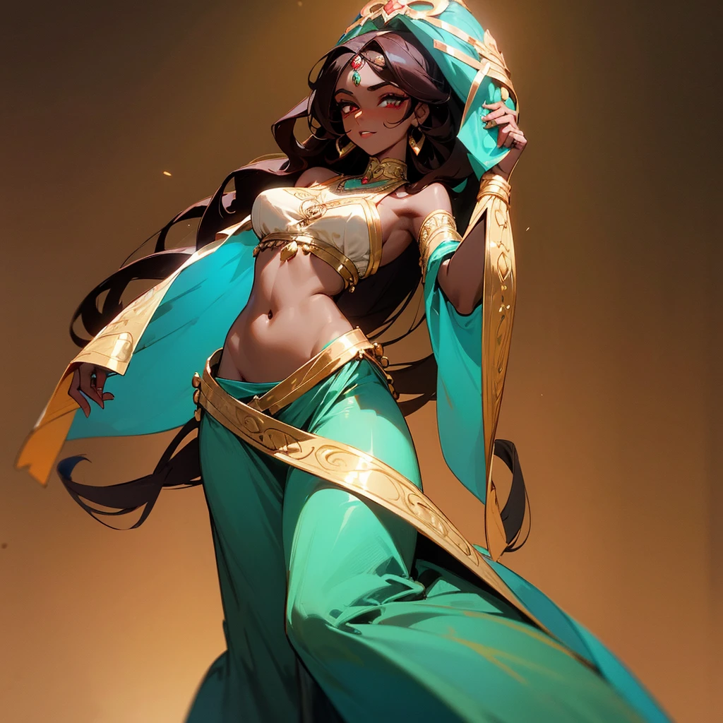 a female character, very beautiful, with a slender body, wearing a GALABIA belly dancing dress, dark skin, dark and long curly hair with red highlights, her face with very heavy makeup, her face of an innocent person, with a look Penetrating and enigmatic, his eyes are a deep turquoise green, his brown skin is tanned.