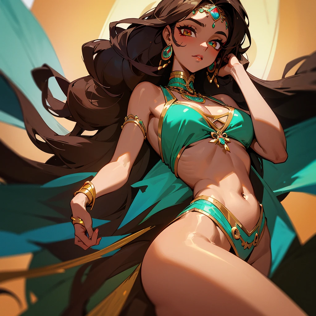 a female character, very beautiful, with a slender body, wearing a GALABIA belly dancing dress, dark skin, dark and long curly hair with red highlights, her face with very heavy makeup, her face of an innocent person, with a look Penetrating and enigmatic, his eyes are a deep turquoise green, his brown skin is tanned.
