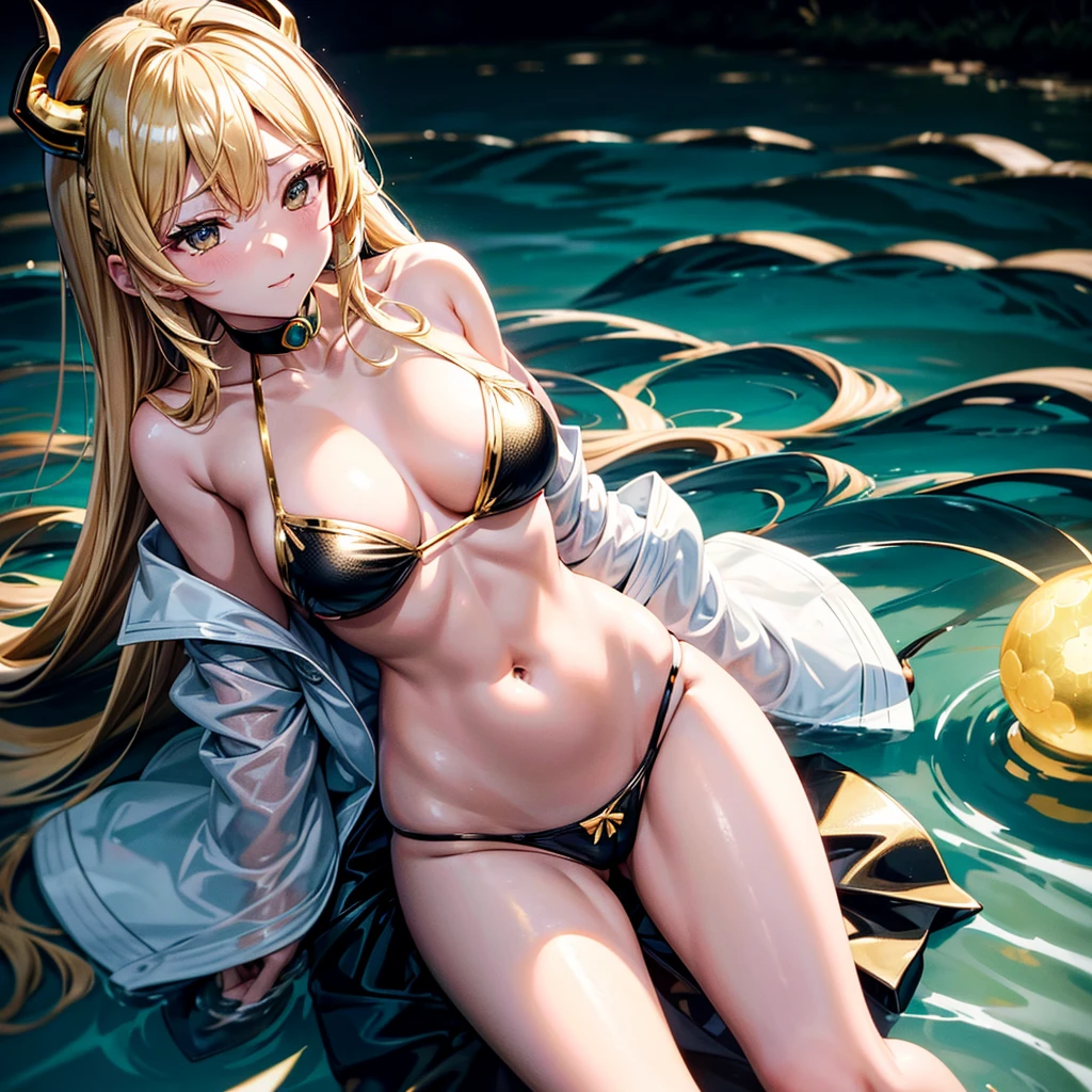 Miku Nakano lying on the grass on the banks of a lagoon watching the sky, in black underwear with gold edges, short shiny golden hair, 2 large horns with details equal to GOLDEN MOON from free fire, black eyes, provocative face.
soft lighting, slight evening blizzard.