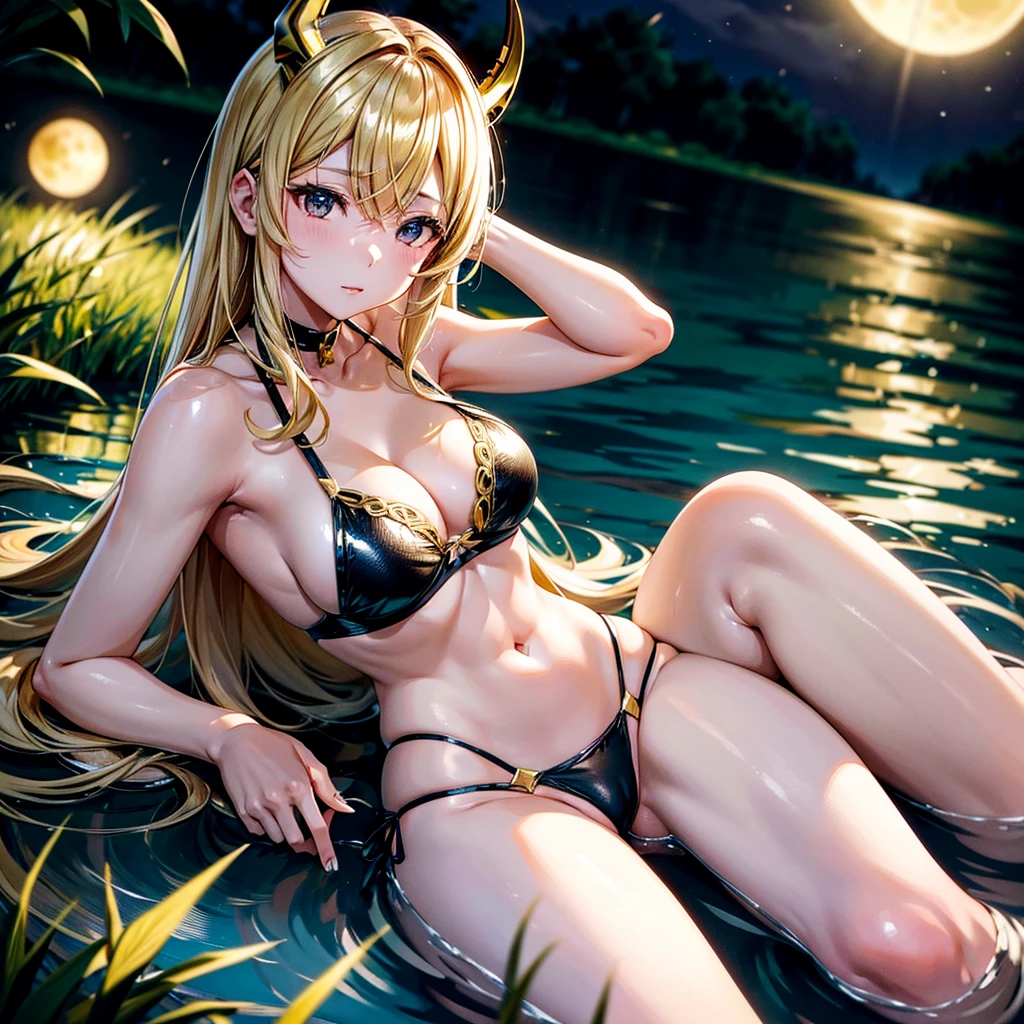 Miku Nakano lying on the grass on the banks of a lagoon watching the sky, in black underwear with gold edges, short shiny golden hair, 2 large horns with details equal to GOLDEN MOON from free fire, black eyes, provocative face.
soft lighting, slight evening blizzard.