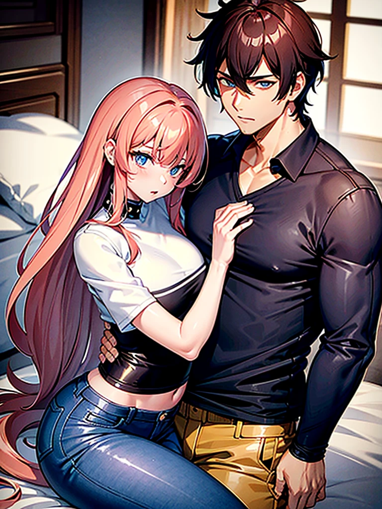Anime Characters: Mikoto Suoh and Shikomori are in a beautiful bedroom, hugging eachother romantically.
Mikoto is a tall, muscular man with red hair and amber eyes. His red hair is kept short, ruffled, and spiked, with two strands of hair near the opposite sides of his head falling over his face, as well as distinct sideburns. As a ager, his hair, while still short and ruffled, was messier and his bangs fell across his forehead
He wears a black jeans and a white V-neck t-shirt. underneath.
Miyako Shikimori is a tall teengirl, with extremely long, flowing, bright pink hair that stretches nearly to her butt, blue eyes, and pale skin. She is wearing a blue jeans and a designer top.
Ultra hd image, beautiful, masterpiece, authentic, lovely.