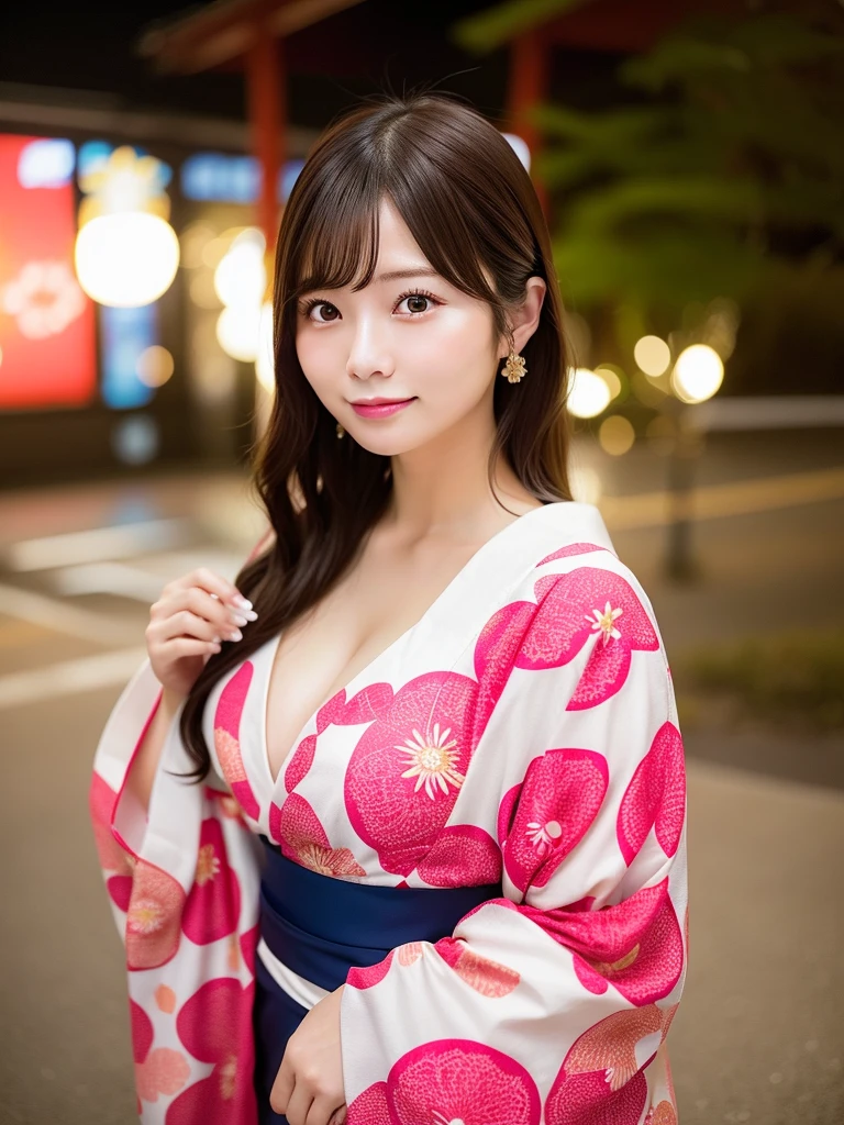 Attractive Japanese Woman Pictures,Looking at Viewer,Watch the viewer with gentle euphoria, stick out tongue, short wavy hair,Showing big cleavage,de pele branca,Patterned yukata,Fireworks Festival Venue,Photorealistic,8K,Raw photo,eat candy apple