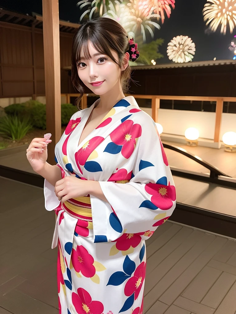Attractive Japanese Woman Pictures,Looking at Viewer,Watch the viewer with gentle euphoria, stick out tongue, short wavy hair,Showing big cleavage,de pele branca,Patterned yukata,Fireworks Festival Venue,Photorealistic,8K,Raw photo,eat candy apple