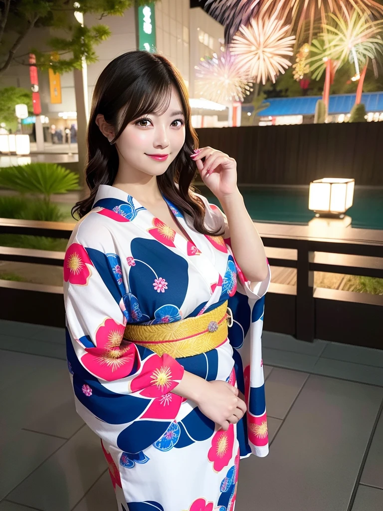 original, (masterpiece), (figure), (Beautiful and vivid background:1.25), (Depth of written boundary:0.7), Highest quality, shape, Very detailed, High resolution, 8k wallpaper, Perfect dynamic composition, Ultra detailed face, Natural Lip , Cleavage, (The eyelashes on both eyes are equal and beautiful.), (looking at the camera), (smile), (night, Fireworks venue), (Cute Yukata, yukata), Japanese style, whole body
