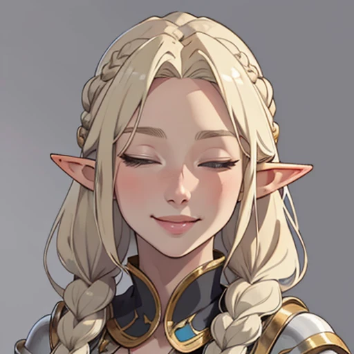 (masterpiece), (best quality),(portrait),(bust up),1girl,solo,(sharp focus),(look at viewer),(selfie),smile,elf,blonde hair,(long braid),(elf lady) ,gray eyes, (ancient girl:1), ancient luxurious long clothes,old school fantasy art,((simple background)),super shiny skin,Ultra Glossy face,close your eyes