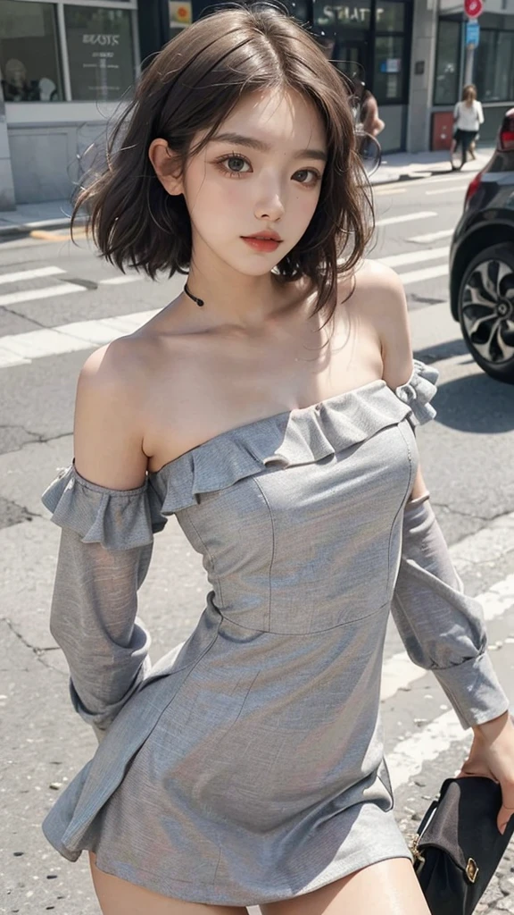 ((Best quality, 8K, tmasterpiece:1.3)), focal point:1.2,Bust photo，upper legs，Ultra-realistic skin texture，Beautiful woman with perfect body:1.4, Upturned buttocks:1.2, ((Cut hair into layers, normal:1.2)), , (Sateen, the street:1.3), Bandeau Dress:1.1, Highly Detailed Face and Skin Textur, Detailed eyes, double eyelid，Whitening Skin，Long gray hair,(with a round face:1.5)，Superskirt，nipple bump，Drenched