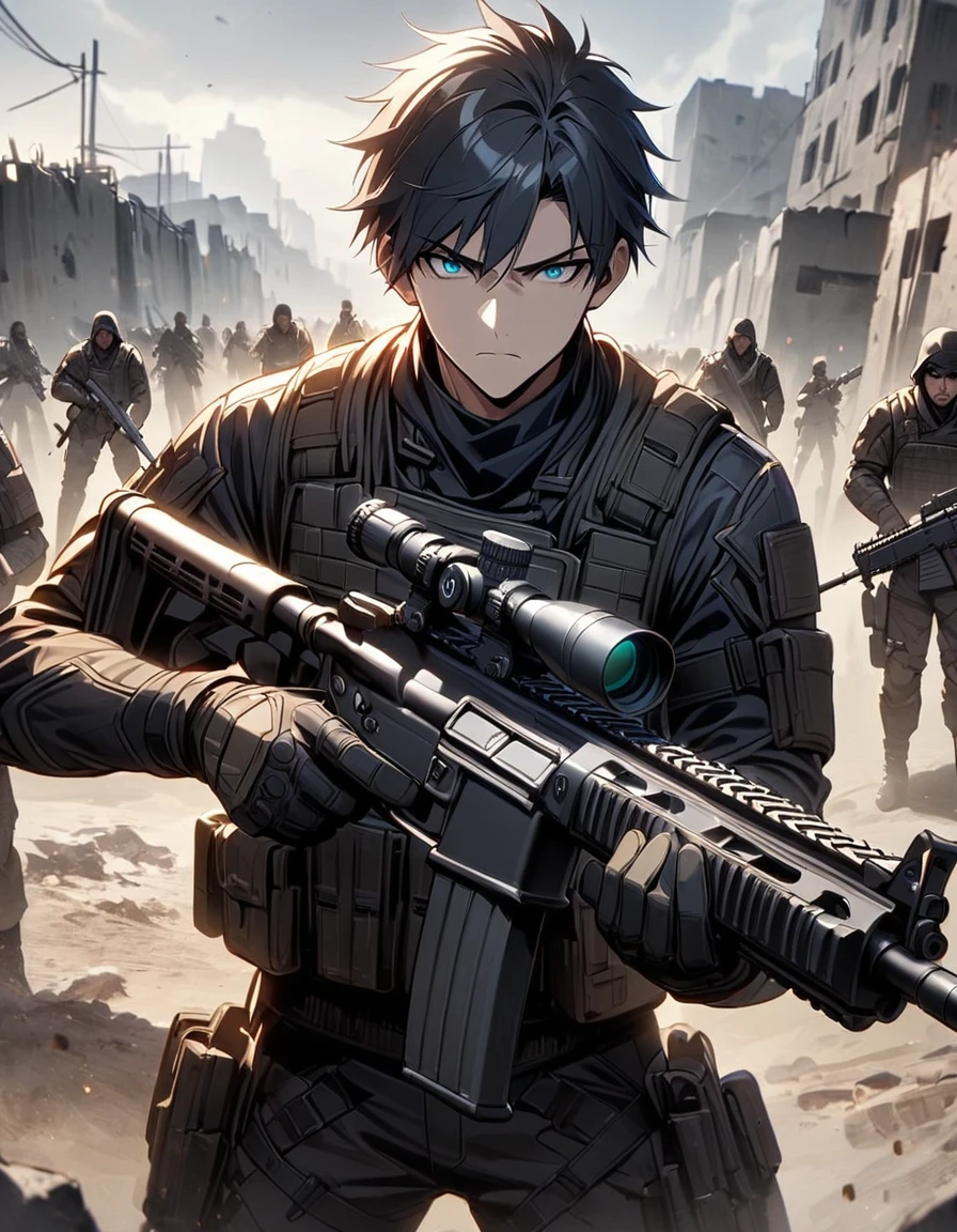 Masterpiece, best quality, 1 man, 30 year old man, focus man, alone, alone focus, black hair, Turquoise eyes, black bulletproof vest, Mercenaries, (holding an assault rifle), Standing position, Standing shooting position, Battlefield backdrop, War zone, serious, solemn face, Dangerous atmosphere.