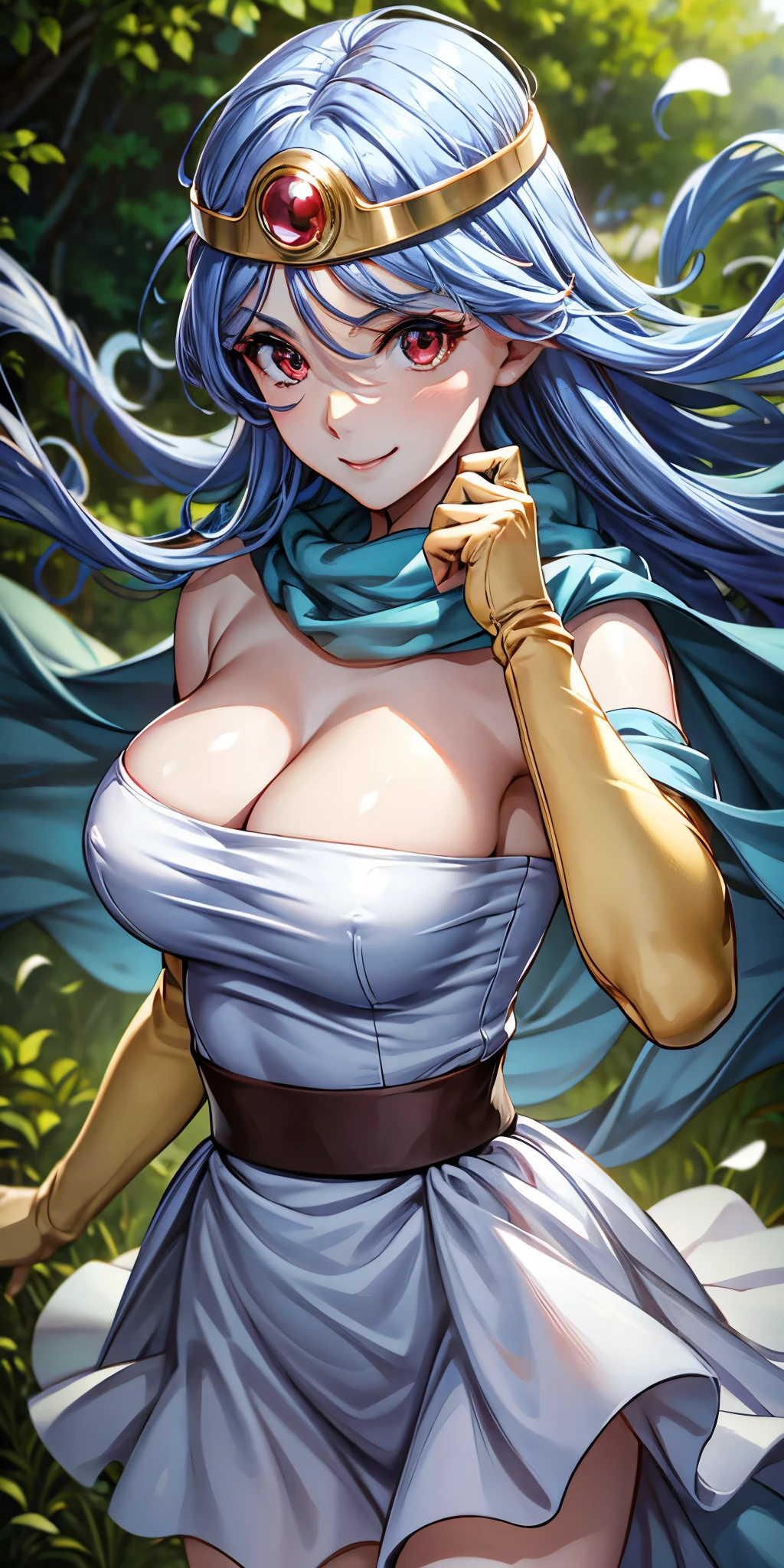 masterpiece, best quality, 4k, 8k, dq, upper body, face focus, close-up, 1girl, blue hair, white dress, red eyes, circlet, cleavage, smile, happy, depth, depth of field, outdoor, nature, petals, wind, beautiful, hd, perfect lighting, detailed face, detailed body, masterpiece, best quality, intricate details, 8k uhd, perfect face, perfect eyes