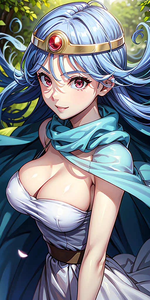 masterpiece, best quality, 4k, 8k, dq, upper body, face focus, close-up, 1girl, blue hair, white dress, red eyes, circlet, cleavage, smile, happy, depth, depth of field, outdoor, nature, petals, wind, beautiful, hd, perfect lighting, detailed face, detailed body, masterpiece, best quality, intricate details, 8k uhd, perfect face, perfect eyes