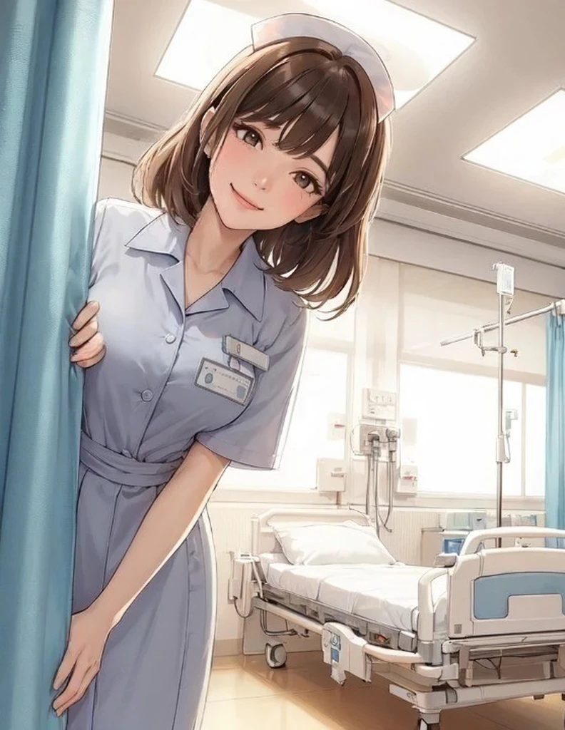 1lady solo, (looking down), (from below), (peeking out from behind partition curtain), healthcare worker, (nurse uniform), mature female, /(brown hair/) bangs, kind smile, (masterpiece best quality:1.2) delicate illustration ultra-detailed, large breasts BREAK (hospital room) indoors, (bright white ceiling:1.2), (perspective from bed:1.2), detailed background (ultra high detail satin nurce uniform:1.5)