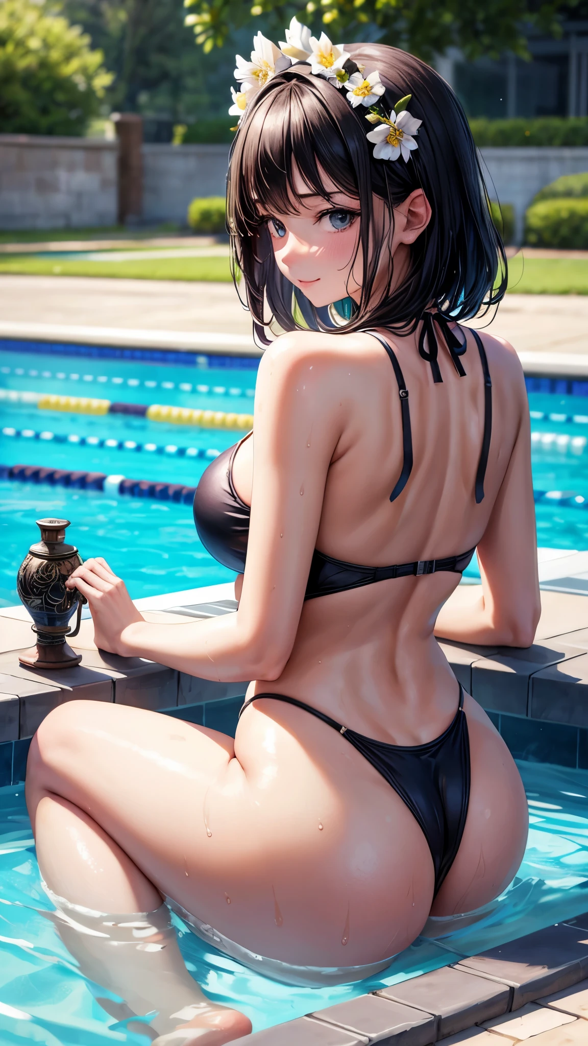 (4K,masterpiece,best quality,ultra detailed),(from behind:1.2),(sitting:1.2),looking back,(daylight,bloom),(solo),(beautiful female),(age),(medium hair,beautiful black hair),japanese,(beautiful detailed face,beautiful detailed eyes,finely detailed skin),(medium breast,big hips),(fair skin),slender,light smile,shy,(wet one piece competition swimsuit),(on pool side),(cameltoe:0.1),realistic,nsfw,