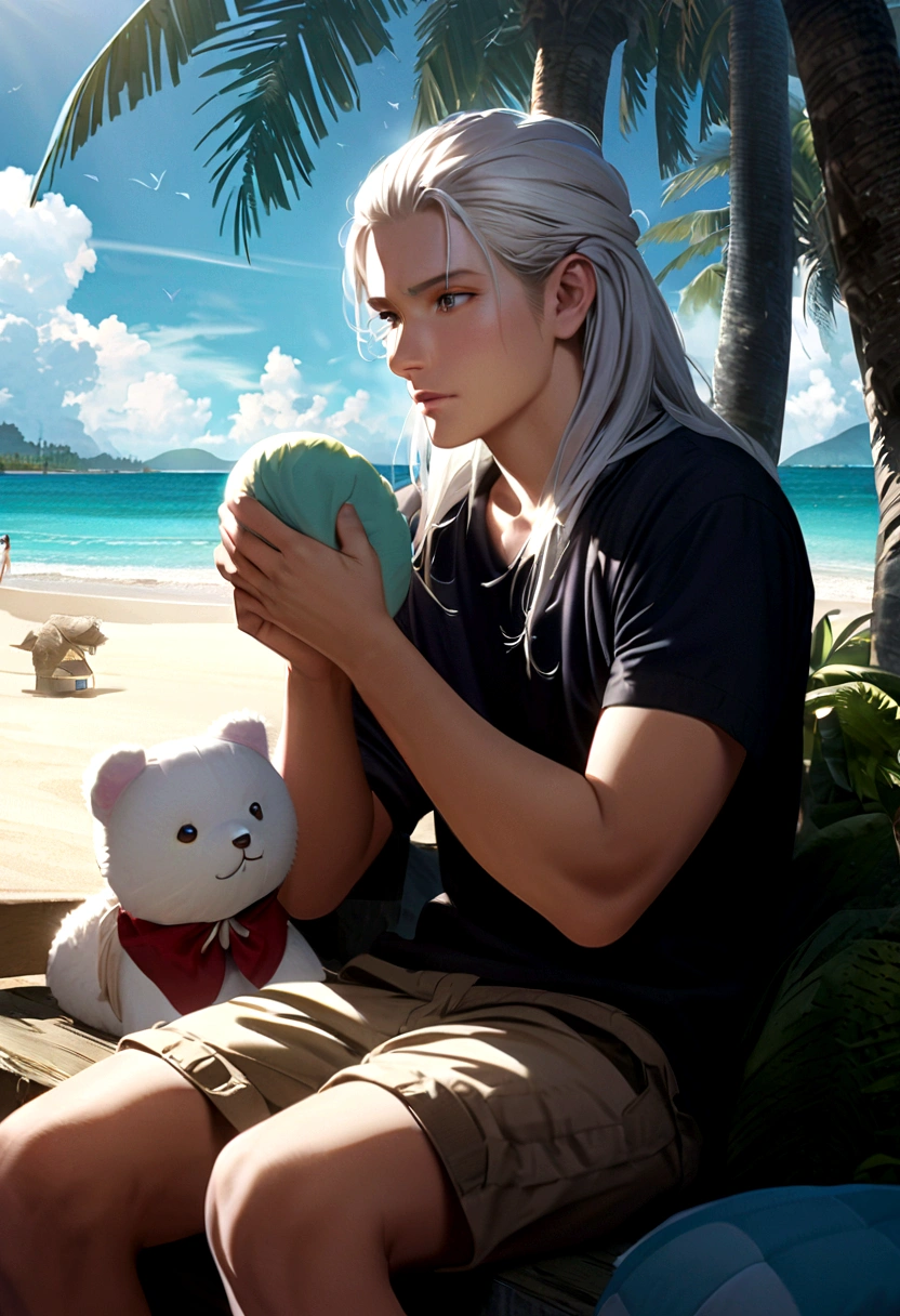 30 year old man with very long white hair,  thoughtful with a stuffed animal in his hands , sitting on the beach with palm trees , very beautiful looking at the beach fully HD , anime ,hyperrealistic 