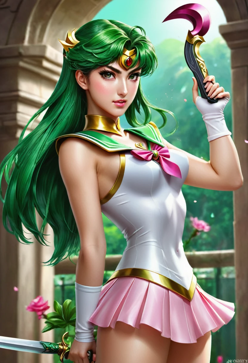 una Women con una falda verde y un top rosa sosteniendo un cuchillo, Sailor Jupiter. beautiful, extremely detailed germ of art, palutena lady, portrait, Knights of the Zodiac, Women, Detailed key anime art, portrait de Women mágica, range murata and germ of art, 🌺 CGSOCIETY, high detailed official artwork, germ of art. high detail, germ of art style