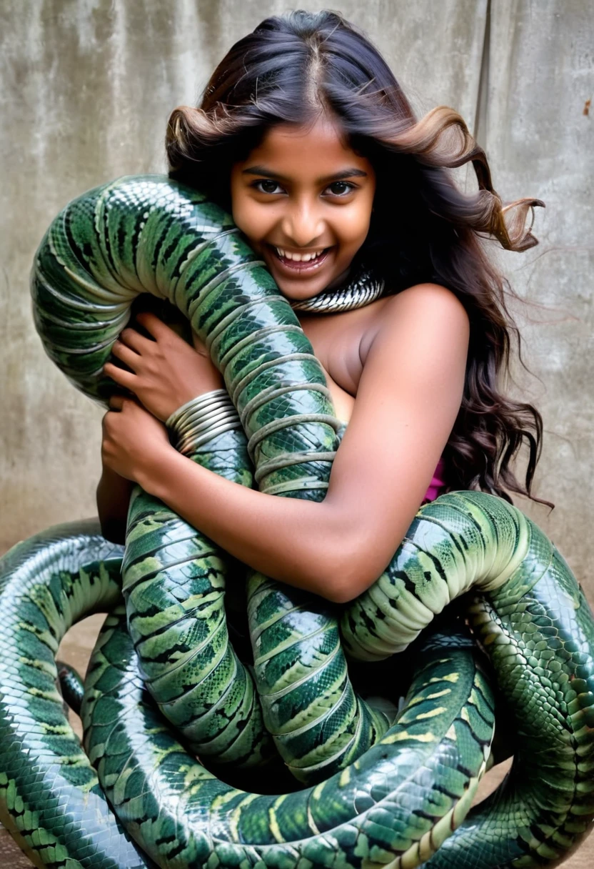 Happy Horny, aroused 1girl), beautiful  Indian   girl with  giant colossal Kaa monster squeezing her hard, wrapped in thick spiraling coils, constricted, struggle, gasping for air, snake attack, snake peril,