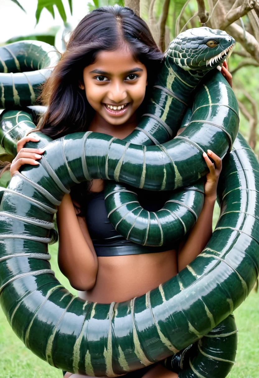 Happy Horny, aroused 1girl), beautiful  Indian   girl with  giant colossal Kaa monster squeezing her hard, wrapped in thick spiraling coils, constricted, struggle, gasping for air, snake attack, snake peril,