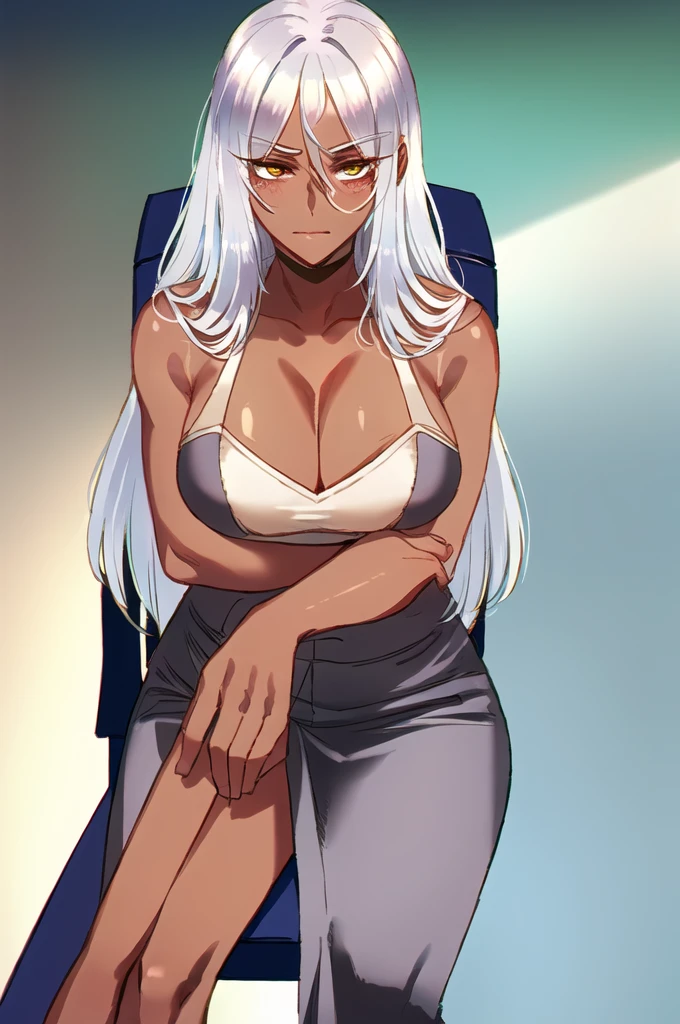 painting (by ratatatat74:1.25), 1girl, solo, (dark skin:1.31), silver hair, office suit, strict, office, arms crossed, on chair, 4K, majestic lighting