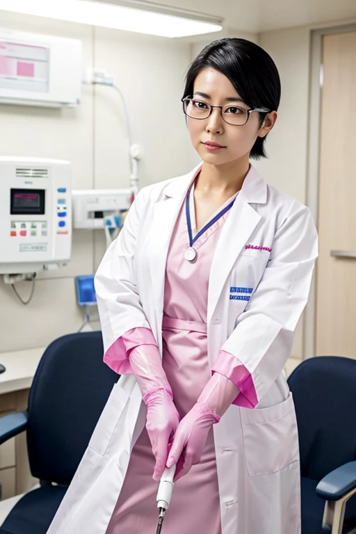 A Japanese woman with short black hair slicked back and glasses wearing a white lab coat and a cold expression on her face, wearing large pink rubber gloves and holding a syringe in a hospital room