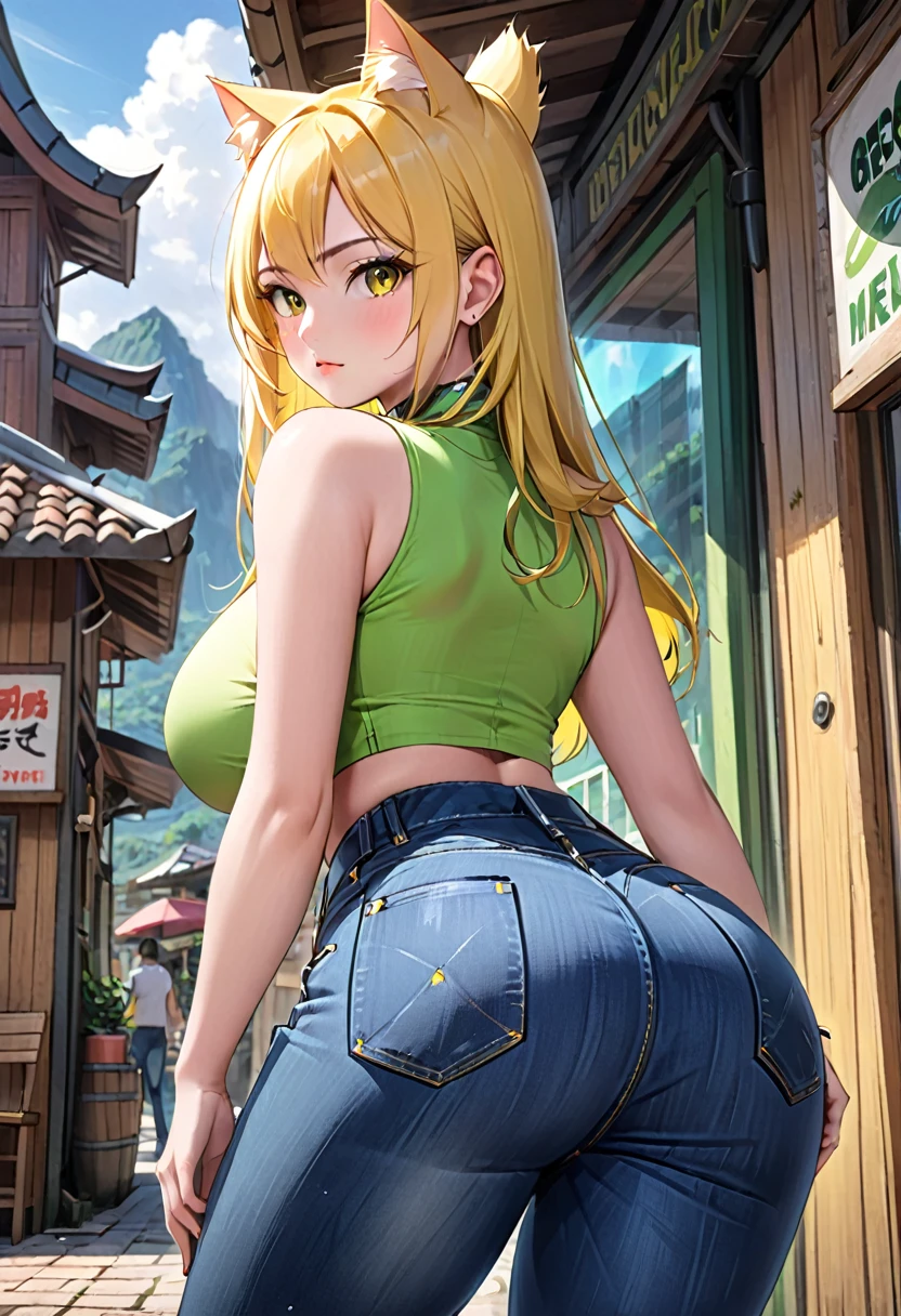 (( ภาพstraight face )) ((best quality)), ((Masterpiece)), (details), Young woman ,cat ears ,yellow hair , beautiful girl hair , according to green , Hot outfit, jeans skirt , bright , big breasts , Big butt, straight face ,outpost