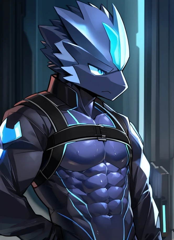 Thin macho　western black dragon　　abs　　　　　Hollow abs　　body suit　　thick arms　　　chest rig　　　、sweaty　　　skin glow　　profile　　Wearily　short of breath　　  　Chemo shota　　
have a 　blue eyes　Tired look jacket