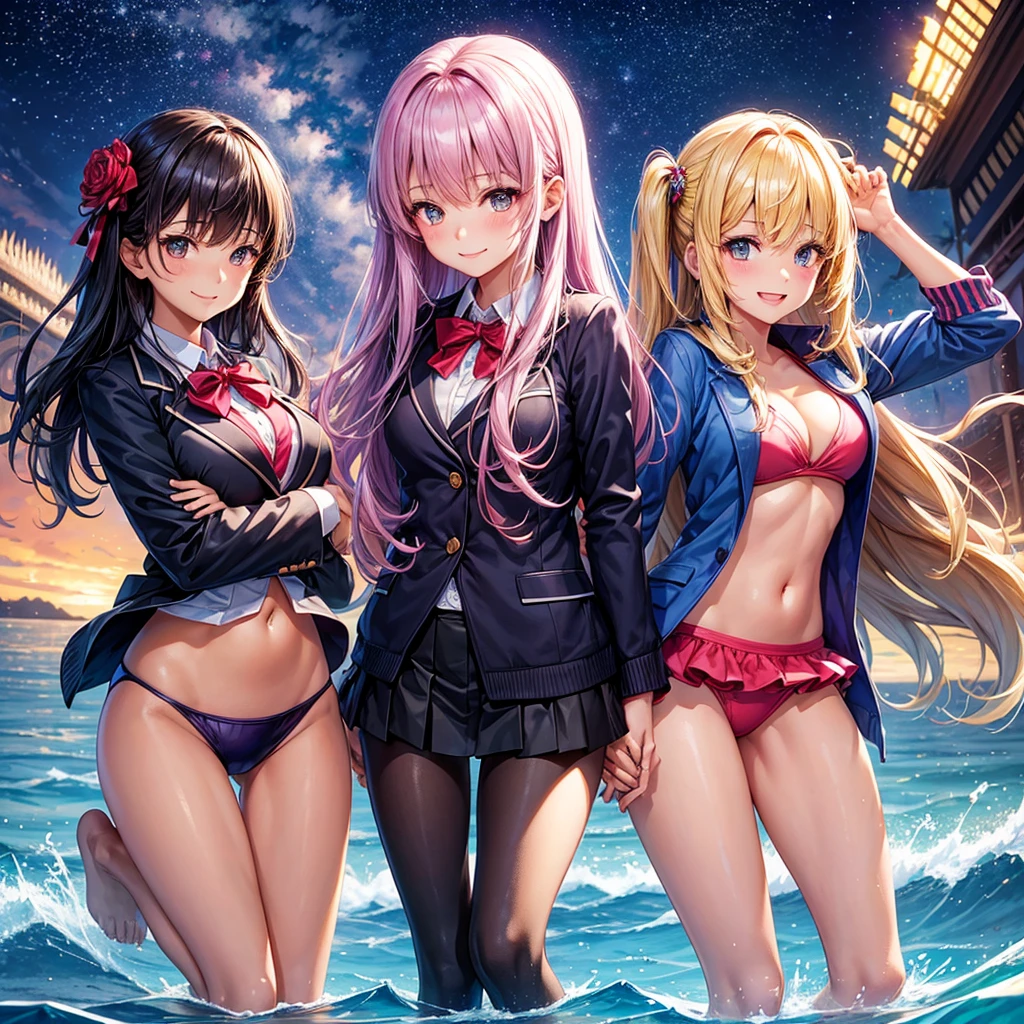 best quality,,smile,blazer,swimsuit,nepal,middle School girlultiple girls are depicted,harem,idol group,starry sky background,photo shoot,long hair,wearing a cardigan,beautiful girlの国,girl's paradise,highest quality,big breasts,leather jacket,happy girl,horny girl,blue eyes,perfect face,standing position,She has her bangs down,fur jacket,Beautiful eyes,smooth hair,perfect eyes,beautiful girl,Angel Girl,multicolored hair colors,naughty girl,beautiful,High-dimensional beautiful girl,Multidimensional beautiful girl,gathering,Group、Future Beautiful Girl,Future Girl