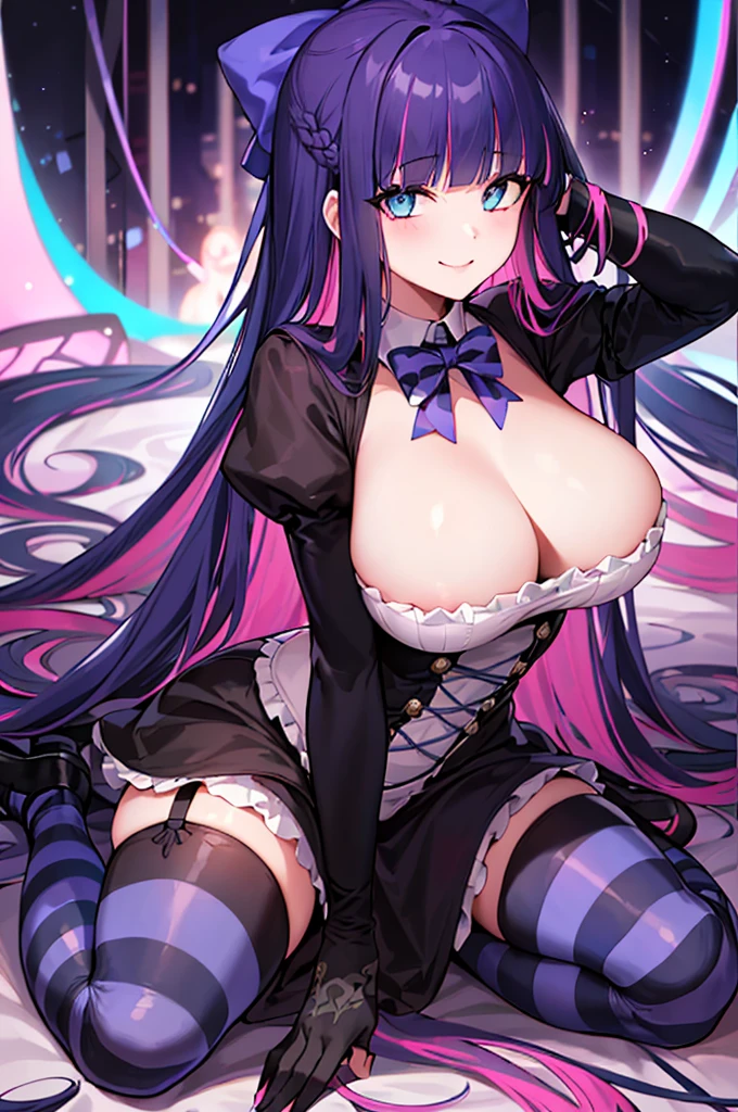 ((best quality)), ((highly detailed)), masterpiece, absurdres, (detailed eyes, deep eyes), (1girl), dynamic pose, full body, stocking_anarchy, stocking_\(psg\), blue eyes, large breasts, blunt bangs, (multicolored hair, colored inner hair, purple hair, pink hair), bow, ta_fashion, black dress, striped, striped legwear, stockings, GlowingNightmare, smile, neon colors, glowing