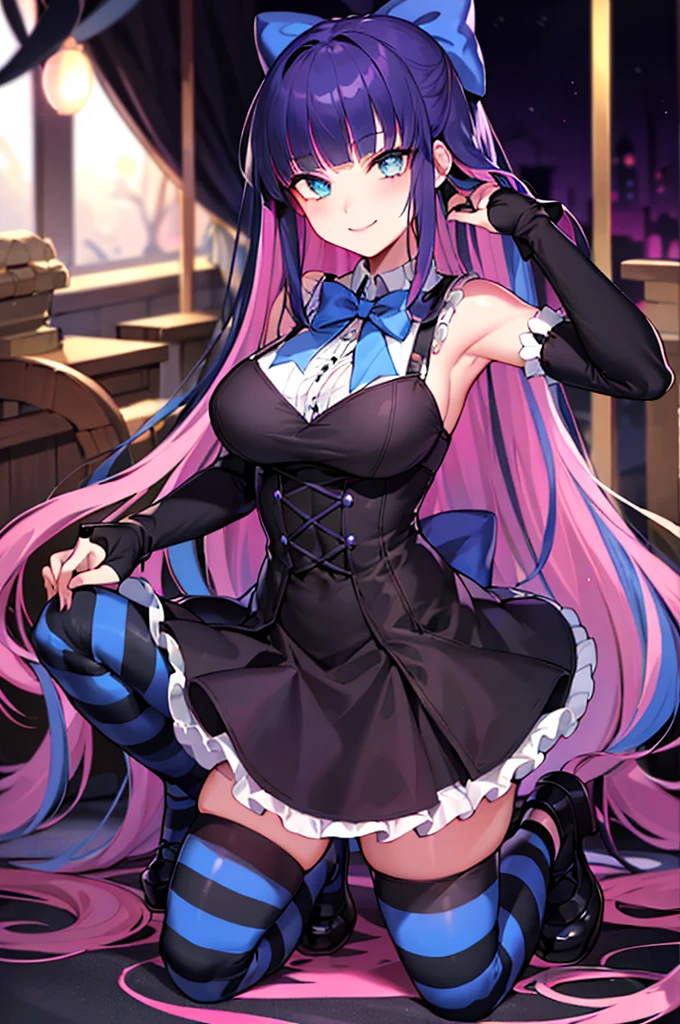 ((best quality)), ((highly detailed)), masterpiece, absurdres, (detailed eyes, deep eyes), (1girl), dynamic pose, full body, stocking_anarchy, stocking_\(psg\), blue eyes, large breasts, blunt bangs, (multicolored hair, colored inner hair, purple hair, pink hair), bow, lolita_fashion, black dress, striped, striped legwear, stockings, GlowingNightmare, smile, neon colors, glowing