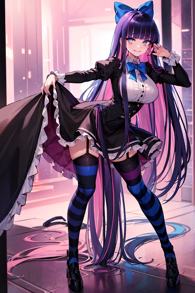 ((best quality)), ((highly detailed)), masterpiece, absurdres, (detailed eyes, deep eyes), (1girl), dynamic pose, full body, stocking_anarchy, stocking_\(psg\), blue eyes, large breasts, blunt bangs, (multicolored hair, colored inner hair, purple hair, pink hair), bow, lolita_fashion, black dress, striped, striped legwear, stockings, GlowingNightmare, smile, neon colors, glowing