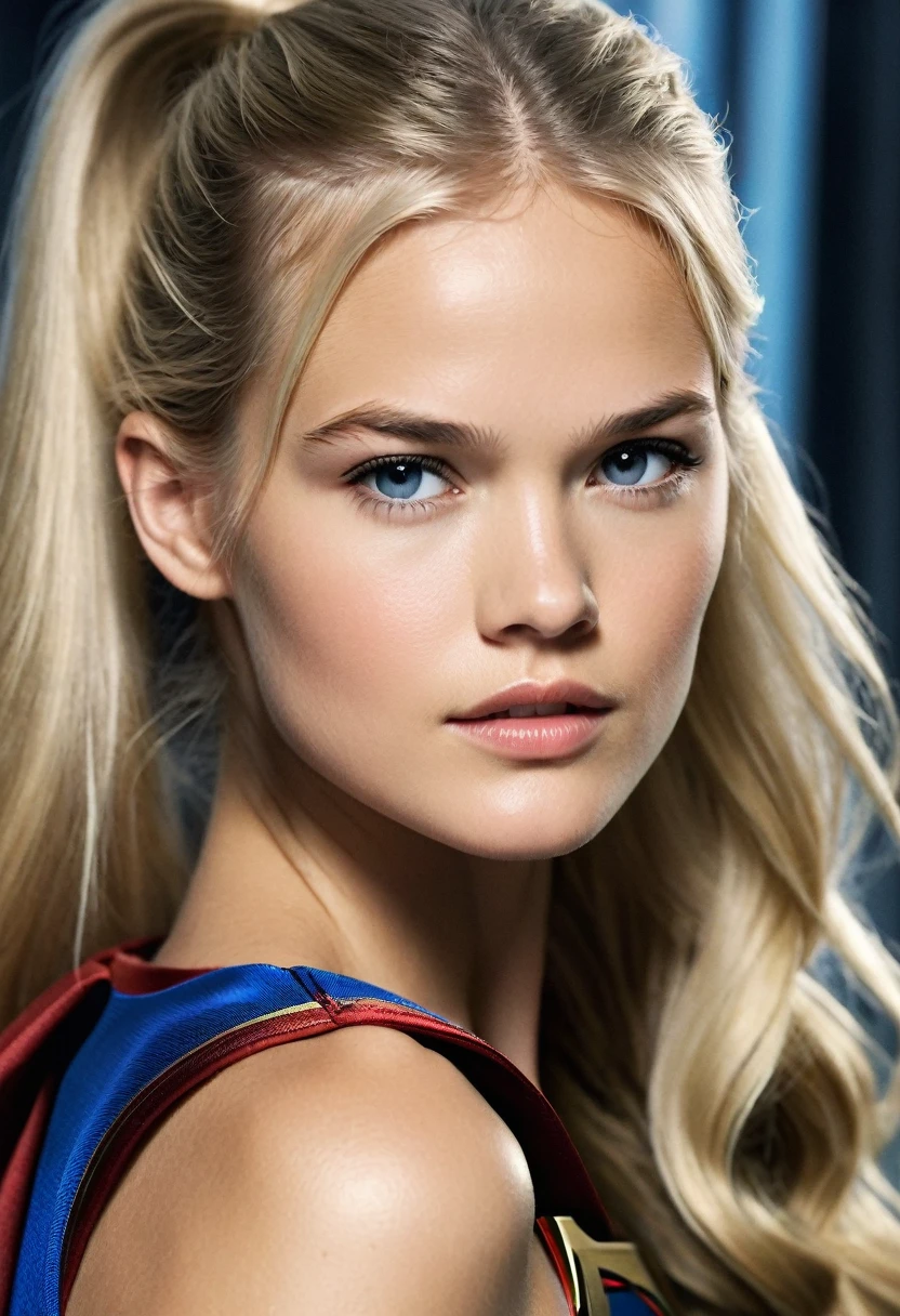 (((Extreme close-up of a beautiful woman Gabriella Wilde long blonde hair(((Hair gathered in a ponytail and abundant )))under the mantle of the Kryptonian Kara zor-The alias (((Supergirl))) HD cinematic surreal images Color Splash images))),(((Front Images))),(((super girl)))