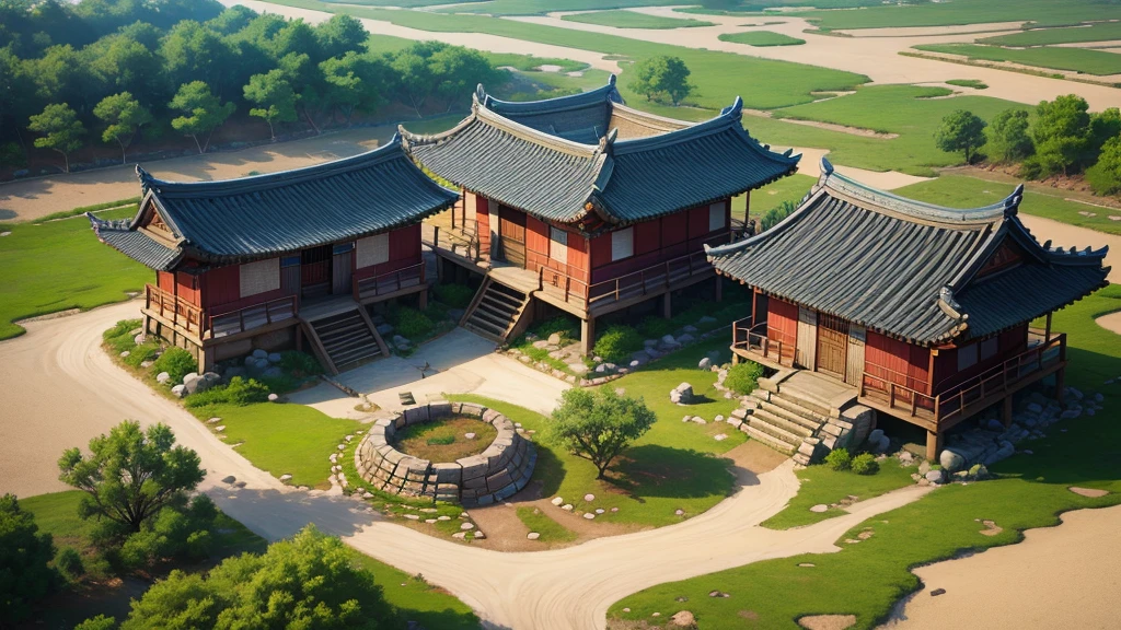 Korean ancient village, Aerial view, Photorealistic photos, High definition, 8K