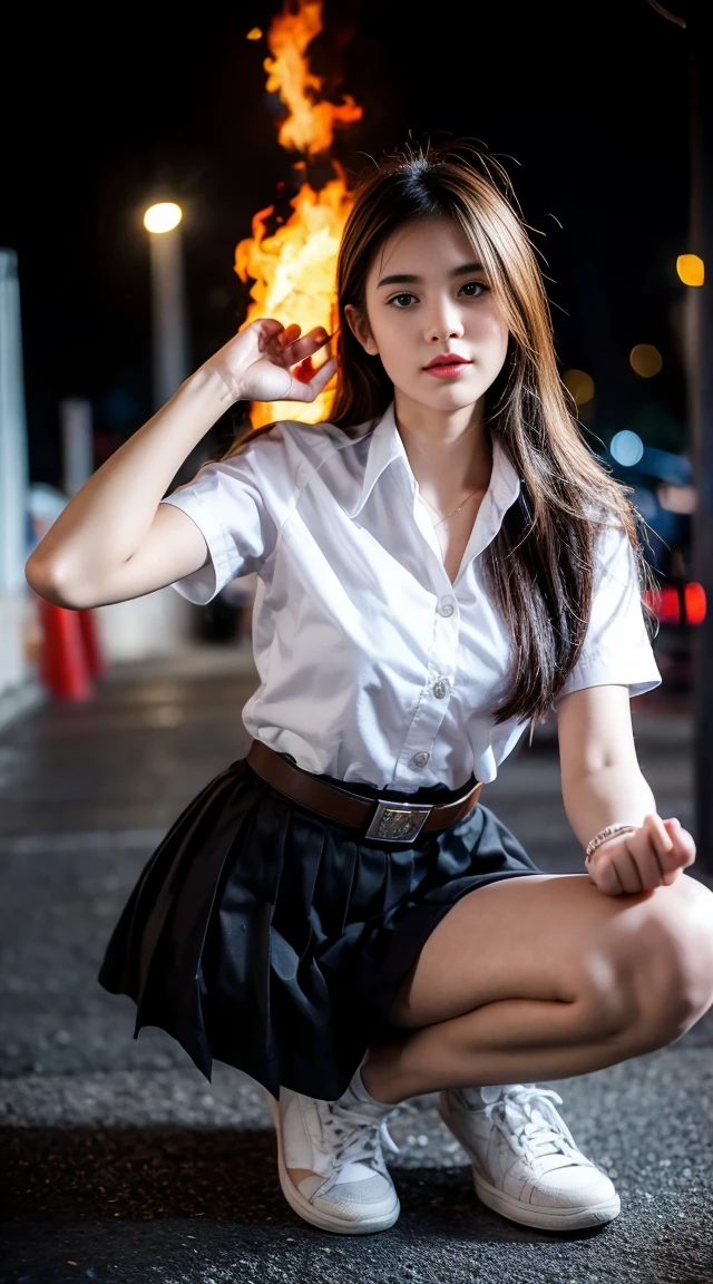 18 year old woman in Thai university uniform, white shirt, black skirt, brown belt, white sneakers, fire around her, fire on foreground ans background in the dark, realistic photo, high detail, fantasy, dynamic pose