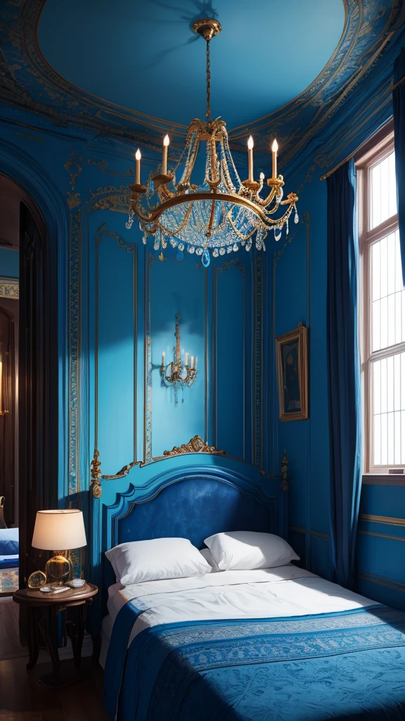 (masterpiece,Highest quality:8K) there is a bed with a blue comforter and a bowl of oranges, a photorealistic painting inspired by Riad Beyrouti, trending on unsplash, maximalism, magical colors and atmosphere, magical colours and atmosphere, blue themed, dreamy and detailed, very magical and dreamy, blue walls, blue theme, blue hue, blue room, beautiful and aesthetic