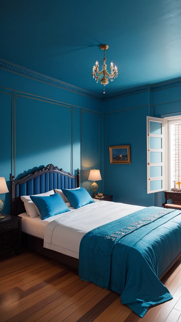 (masterpiece,Highest quality:8K) there is a bed with a blue comforter and a bowl of oranges, a photorealistic painting inspired by Riad Beyrouti, trending on unsplash, maximalism, magical colors and atmosphere, magical colours and atmosphere, blue themed, dreamy and detailed, very magical and dreamy, blue walls, blue theme, blue hue, blue room, beautiful and aesthetic