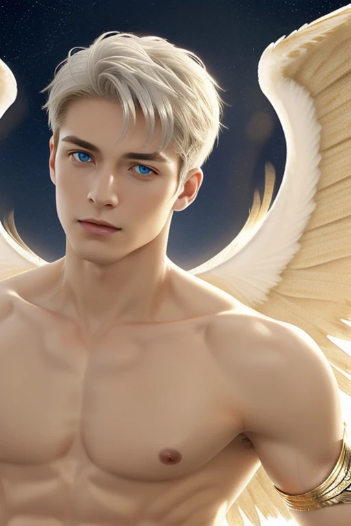 (close-up:1.5),muscle,menstoga,in white and gold costume, male focus, solo, 1boy, (bare shoulders),looking at viewer, ice blue eyes,,(Seraphim:1.5), (multiple wings:1.5), in the sky, (floating:1.3), (midair:1.5), cloudan with wings), angel wings, glowing, bloom, platinum hair, outdoors, stars,golden feathers, (gold magic swirling),(Masculine face:1.2), half body shot