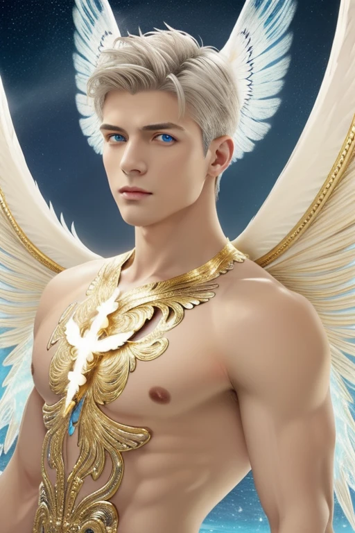 (close-up:1.5),muscle,menstoga,in white and gold costume, male focus, solo, 1boy, (bare shoulders),looking at viewer, ice blue eyes,nude,(Seraphim:1.5), (multiple wings:1.5), in the sky, (floating:1.3), (midair:1.5), cloudan with wings), angel wings, glowing, bloom, platinum hair, outdoors, stars,golden feathers, (gold magic swirling),(Masculine face:1.2), half body shot 