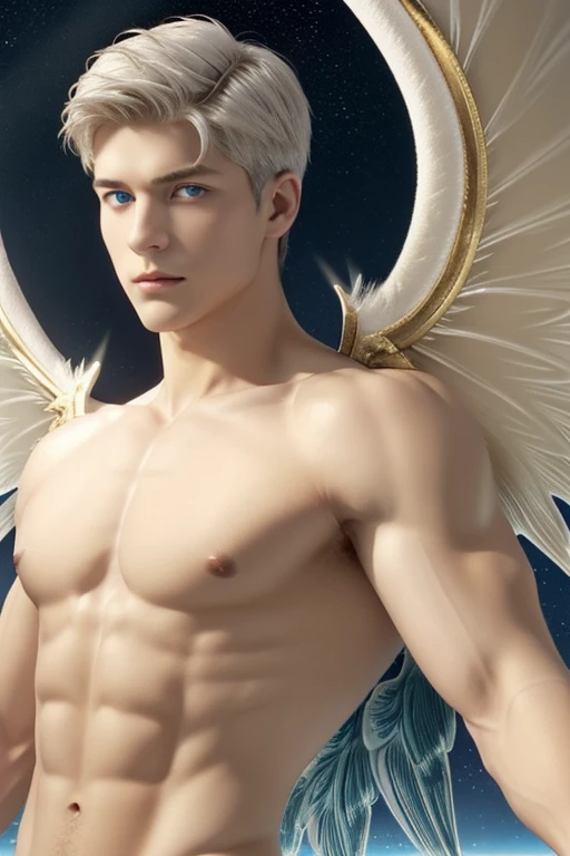 (close-up:1.5),muscle,menstoga,in white and gold costume, male focus, solo, 1boy, (bare shoulders),looking at viewer, ice blue eyes,nude,(Seraphim:1.5), (multiple wings:1.5), in the sky, (floating:1.3), (midair:1.5), cloudan with wings), angel wings, glowing, bloom, platinum hair, outdoors, stars,golden feathers, (gold magic swirling),(Masculine face:1.2), half body shot 