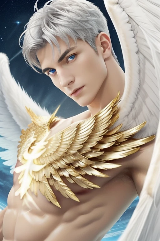 (close-up:1.5),muscle,menstoga,in white and gold costume, male focus, solo, 1boy, (bare shoulders),looking at viewer, ice blue eyes,nude,(Seraphim:1.5), (multiple wings:1.5), in the sky, (floating:1.3), (midair:1.5), cloudan with wings), angel wings, glowing, bloom, platinum hair, outdoors, stars,golden feathers, (gold magic swirling),(Masculine face:1.2), half body shot 