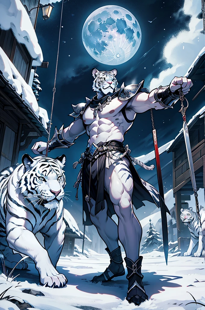 Solo, tiger, black tiger, tiger male, gray hair, white body fur, muscular male, elder male, light red eyes, wearing nothing, gray fur tuft, eastern necklace, star night background, ( by Sollyz, masterpiece, 8k, hd), Looking at viewer, smiling, detailed face, detailed eyes, detailed hair, detailed muscles, detailed clothes, Genshin, nude lower body, bulge on crotch,