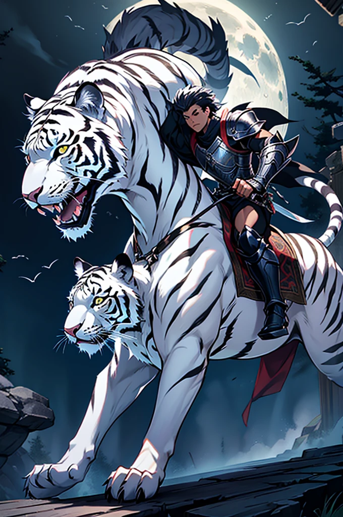 white tiger monster, muscular monster, Wearing traditional oriental silver leather armor. Roar and swing your sword, Full body showing, Moonlit night