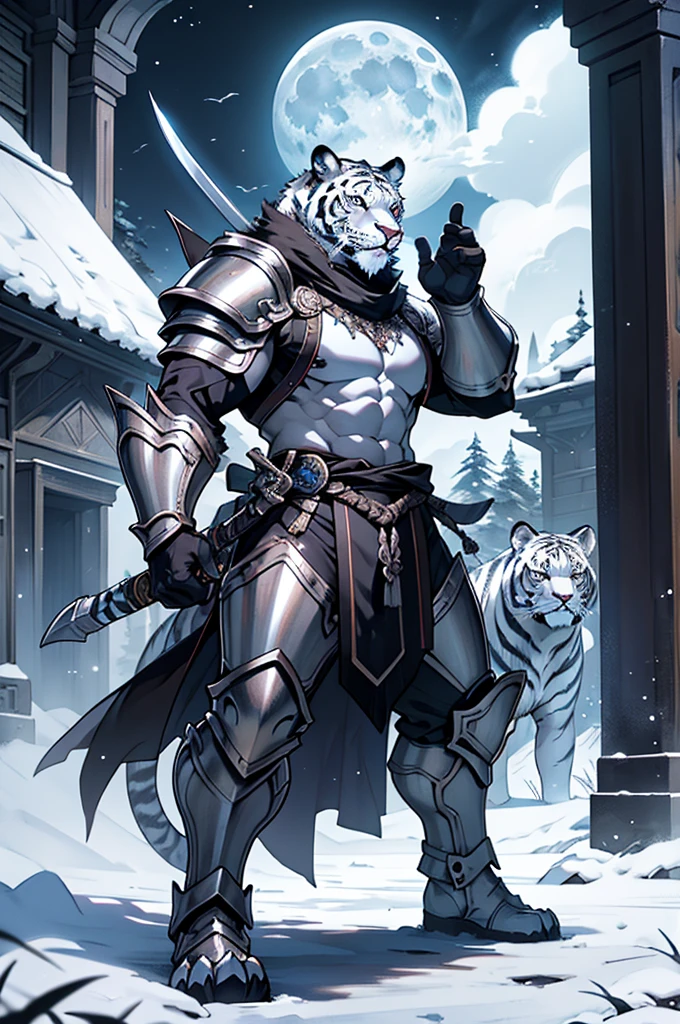 white tiger monster, muscular monster, Wearing traditional oriental silver leather armor. Roar and swing your sword, Full body showing, Moonlit night