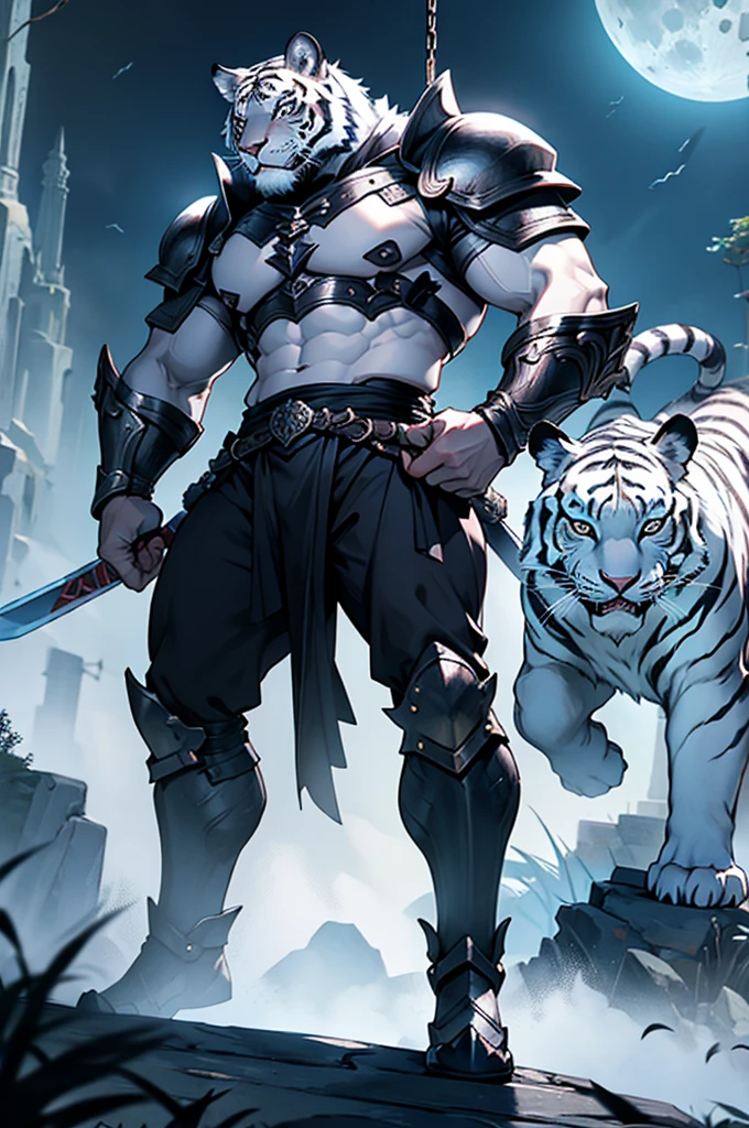 white tiger monster, muscular monster, Wearing traditional oriental silver leather armor. Roar and swing your sword, Full body showing, Moonlit night