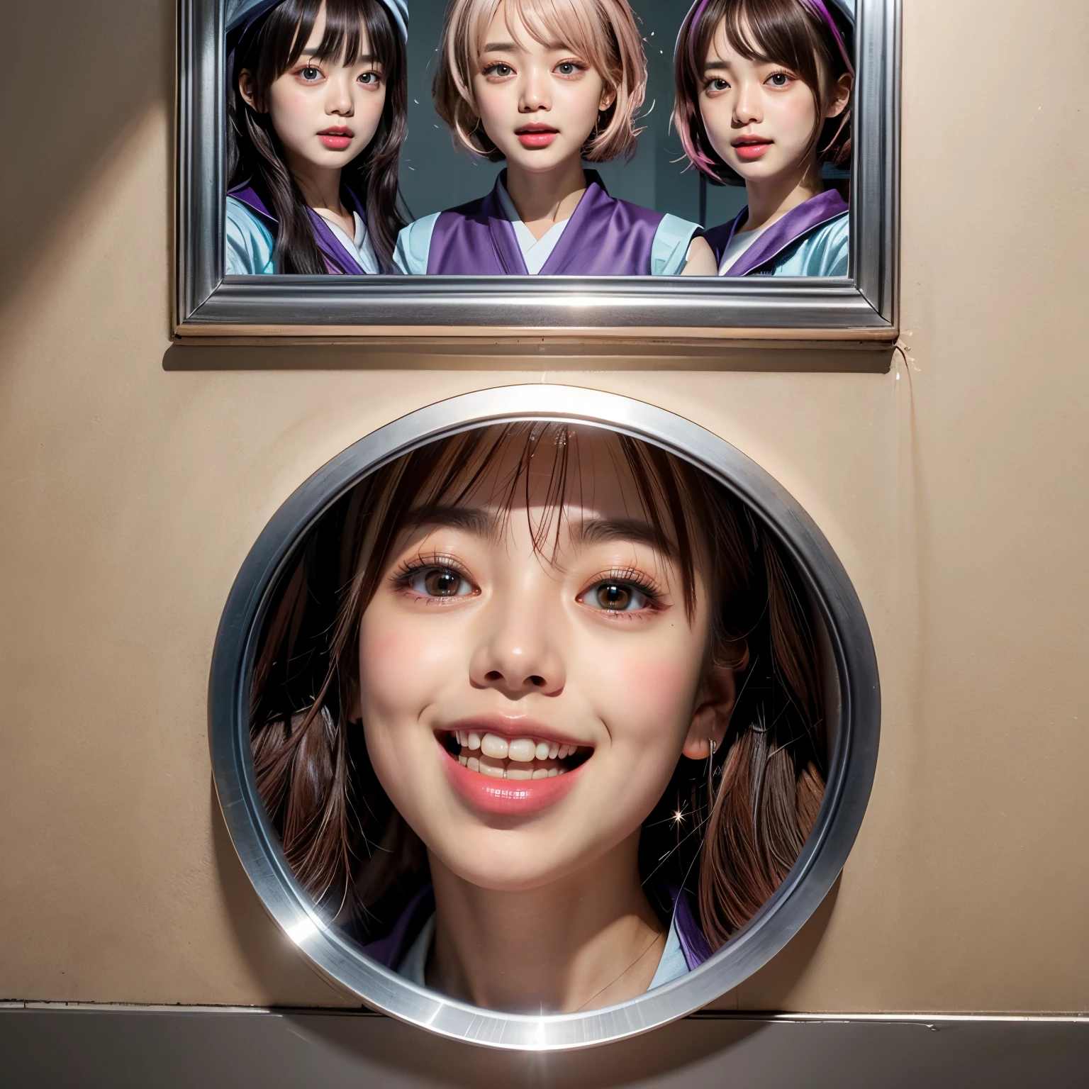 Metallic Wall, SchoolGirls wearing uniforms, PUNIPUNI Radiant PearlSkin with Transparency, no legwear, PriceTags NamePlate . (Character concept art:1.37), Different types of hair colors, (((NOGIZAKA face variations)))  Extremely Detailed very KAWAII face variations, perfect anatomy, Childish CaptivatingGaze Elaborate Pupil with (sparkling highlights:1.2), DoubleEyelids with Detailed[Voluminous LongEyelashes], Small GlossyRedLips with BeautifulDetails, CoquettishTongue, PUNIPUNI RosyCheeks  { (Dynamic Joyful Expressions LifeLike Rendering:1.4) | (:d) }, (large eyes:-1) . (Acutance:0.8) NSFW_MouthGloryHole_ownwaifu