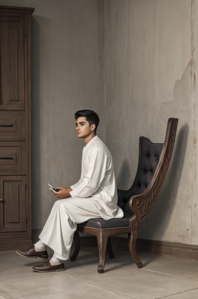 Create realistic image A 21 year old boy is sitting on a king chair with white wings and behind him the color of the wall is gray on which “PAKHRIN” is written in curve style