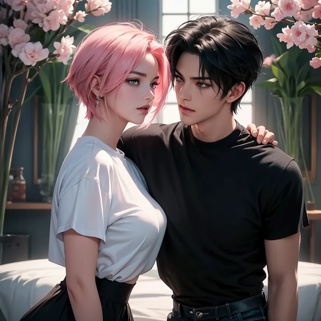 A tall handsome young man with short black hair, short bangs and black eyes, he is wearing a white T-shirt and white jeans, he hugs an incredibly beautiful femme fatale young woman, she has a pink hair with a very short haircut standing next to him, she has brilliant green eyes, She is wearing a simple black dress. Masterpiece, perfect image, realistic pictures, detailed face study, full-length image, 8k, detailed image. an extremely detailed illustration, a real masterpiece of the highest quality, with careful drawing. Sasuke Uchiha and Sakura Haruno