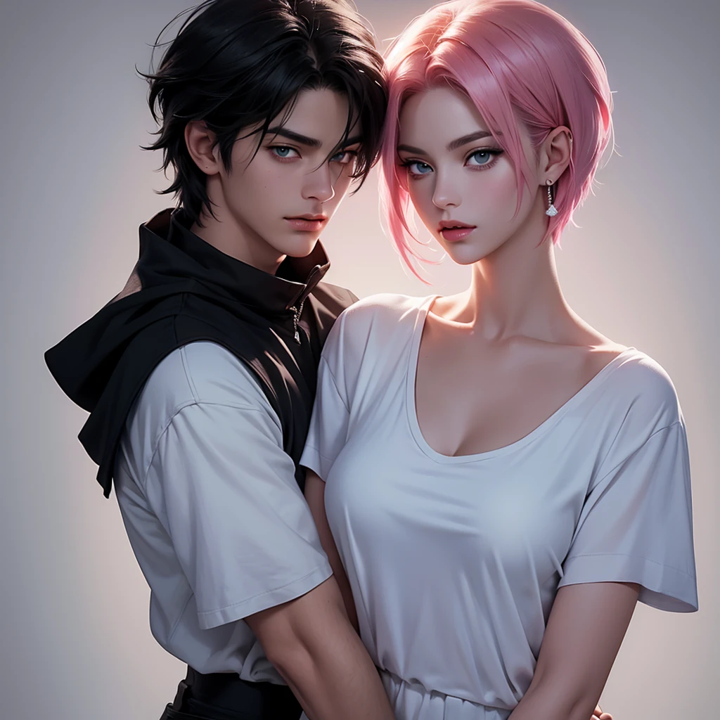 A tall handsome young man with short black hair, short bangs and black eyes, he is wearing a white T-shirt and white jeans, he hugs an incredibly beautiful femme fatale young woman, she has a pink hair with a very short haircut standing next to him, she has brilliant green eyes, She is wearing a simple black dress. Masterpiece, perfect image, realistic pictures, detailed face study, full-length image, 8k, detailed image. an extremely detailed illustration, a real masterpiece of the highest quality, with careful drawing. Sasuke Uchiha and Sakura Haruno
