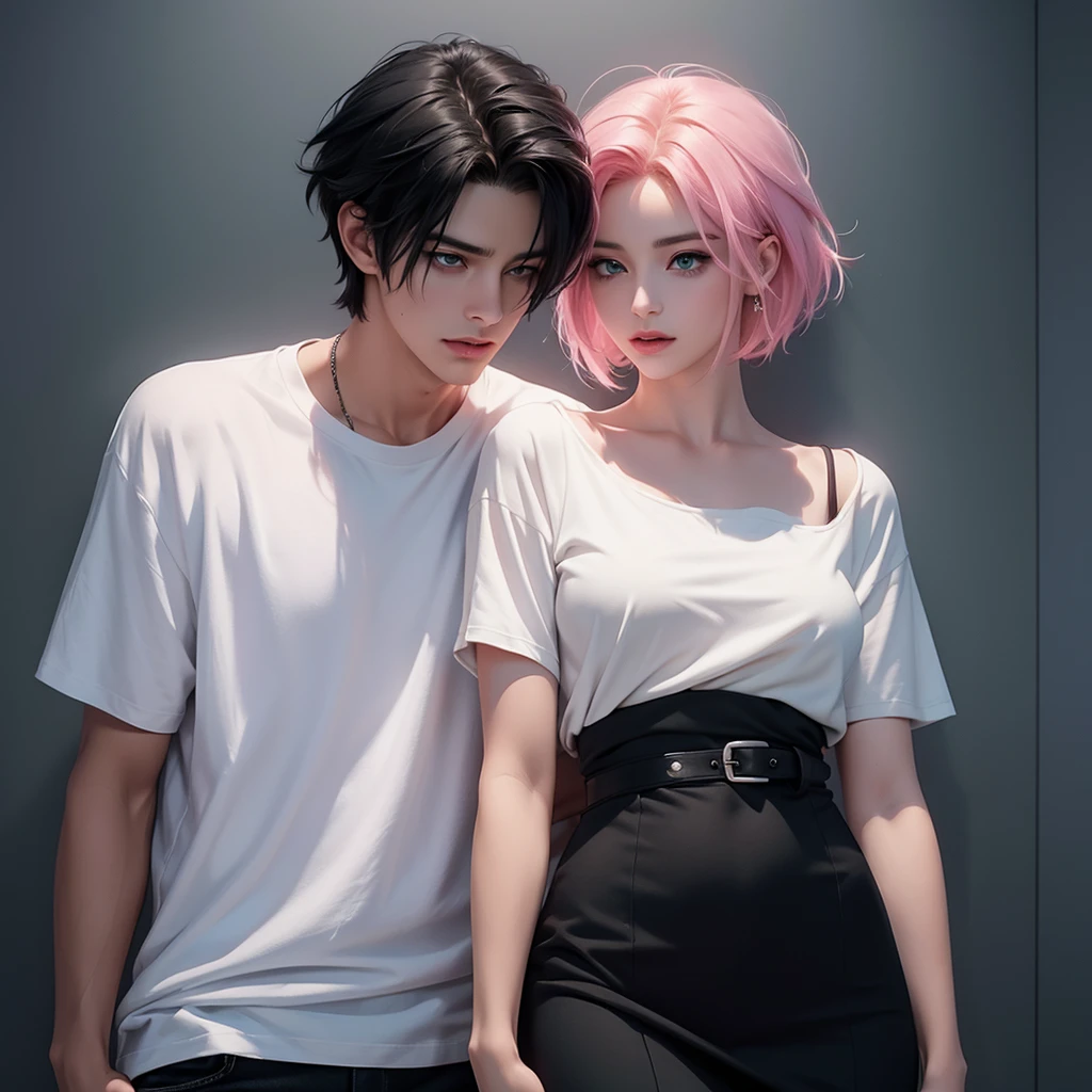 A tall handsome young man with short black hair, short bangs and black eyes, he is wearing a white T-shirt and white jeans, he hugs an incredibly beautiful femme fatale young woman, she has a pink hair with a very short haircut standing next to him, she has brilliant green eyes, She is wearing a simple black dress. Masterpiece, perfect image, realistic pictures, detailed face study, full-length image, 8k, detailed image. an extremely detailed illustration, a real masterpiece of the highest quality, with careful drawing. Sasuke Uchiha and Sakura Haruno