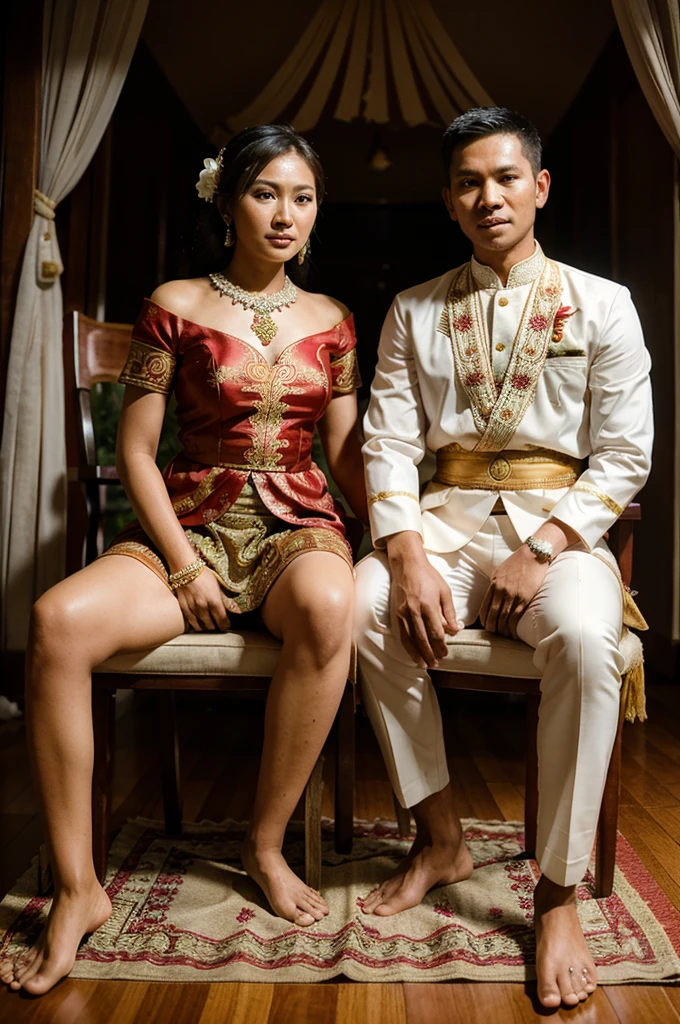 Indonesian wedding photos. the bride and groom with traditional javanese wedding decorations. the man wears a traditional javanese wedding dress and the bride wears a typical javanese wedding dress. behind it there is a wedding chair, and decorations that say luxman &