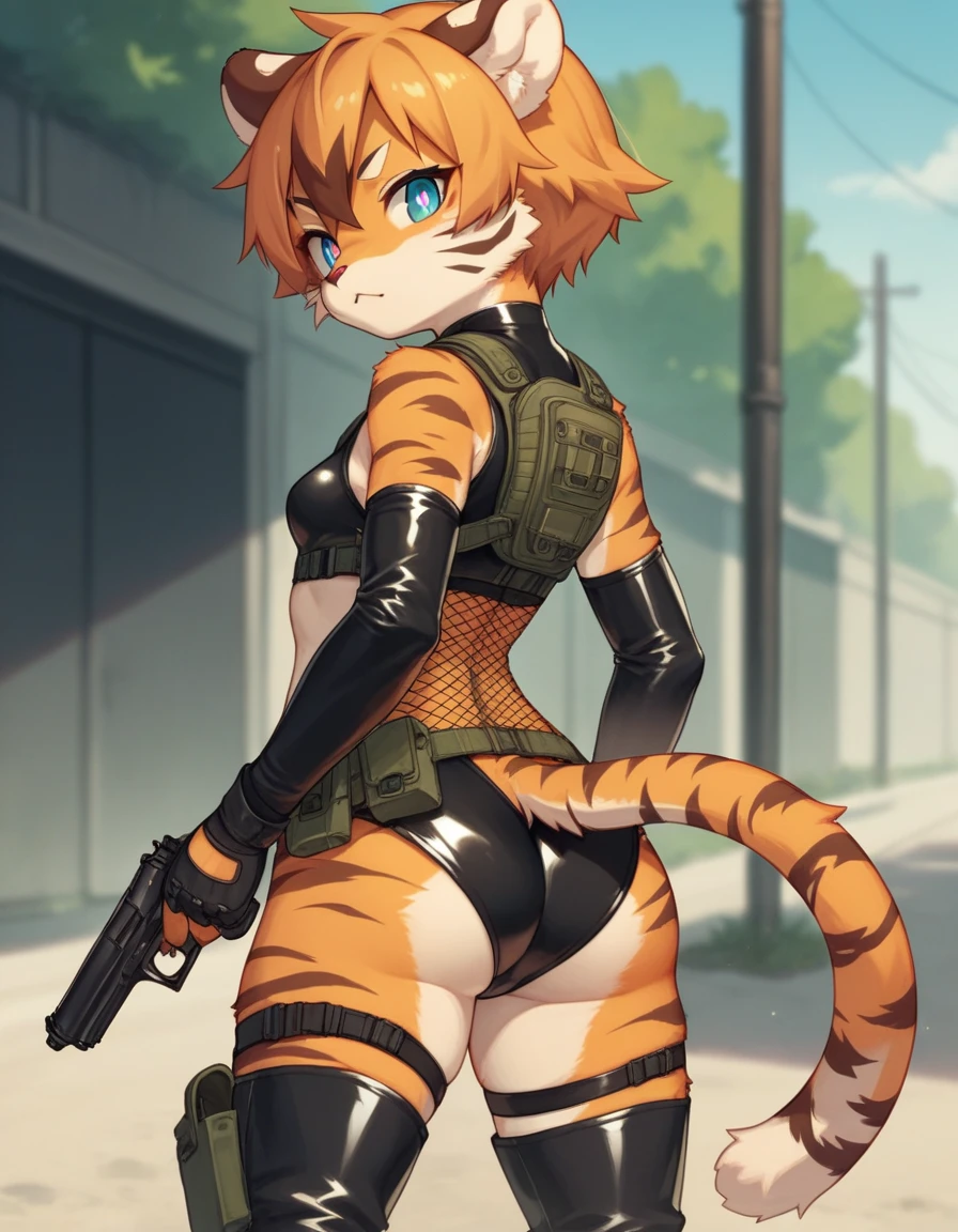 score_9, score_8_up) score_7_up, score_6_up, solo, tiger, kemono, anthro, cute, short hair, blue eyes, white pupils, sexy pose, orange fur, tactical harness, croptop, thigh high boots, assassin girl, mesh body suit, tactical gloves, latex, small breasts, outside, pistol, rear view,