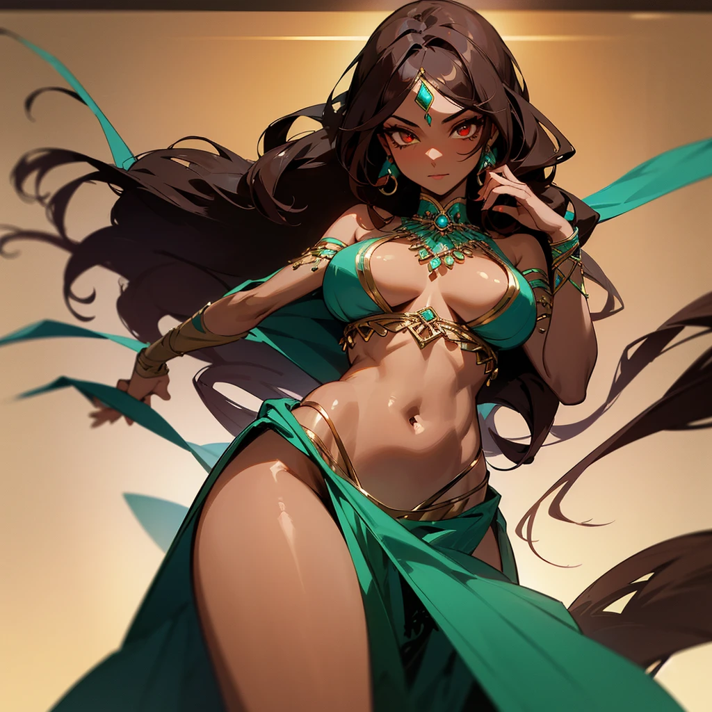 a female character, very beautiful, with a slender body, wearing a GALABIA belly dancing dress, dark skin, dark and long curly hair with red highlights, her face with very heavy makeup, with a penetrating and enigmatic look, her eyes are It has a deep turquoise green color, its brown skin is tanned.